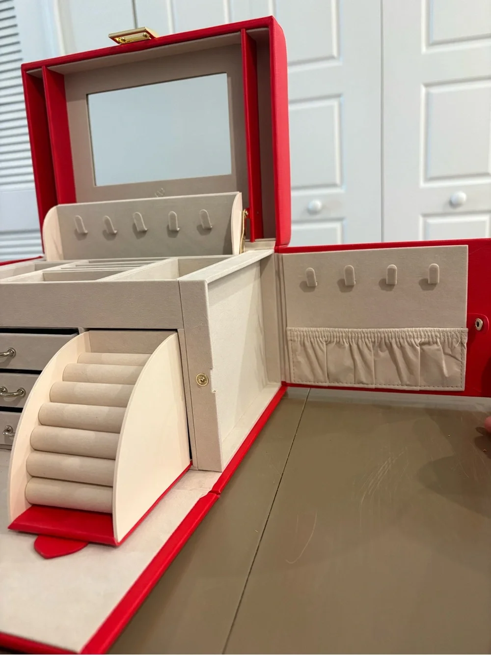Red Jewelry Storage Case with Gold Accent Handle